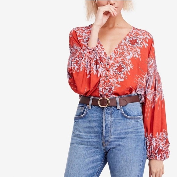 Free People Birds of a Feather blouse boho top terracotta  blue size Xs - Picture 1 of 13